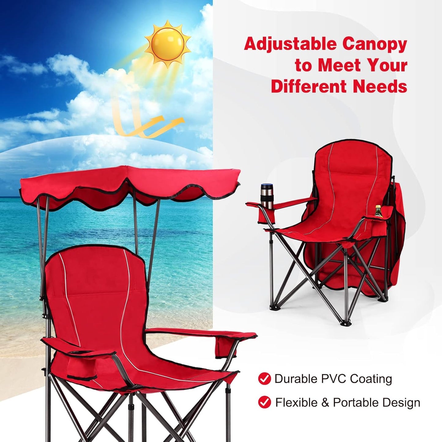 S AFSTAR Safstar Folding Camping Chair with Canopy, Portable Lawn Beach Canopy Chair with Cup Holder & Carry Bag, Load Bearing Up to 265LBS, Folding Chair for Outside Outdoor Travel Hiking Fishing