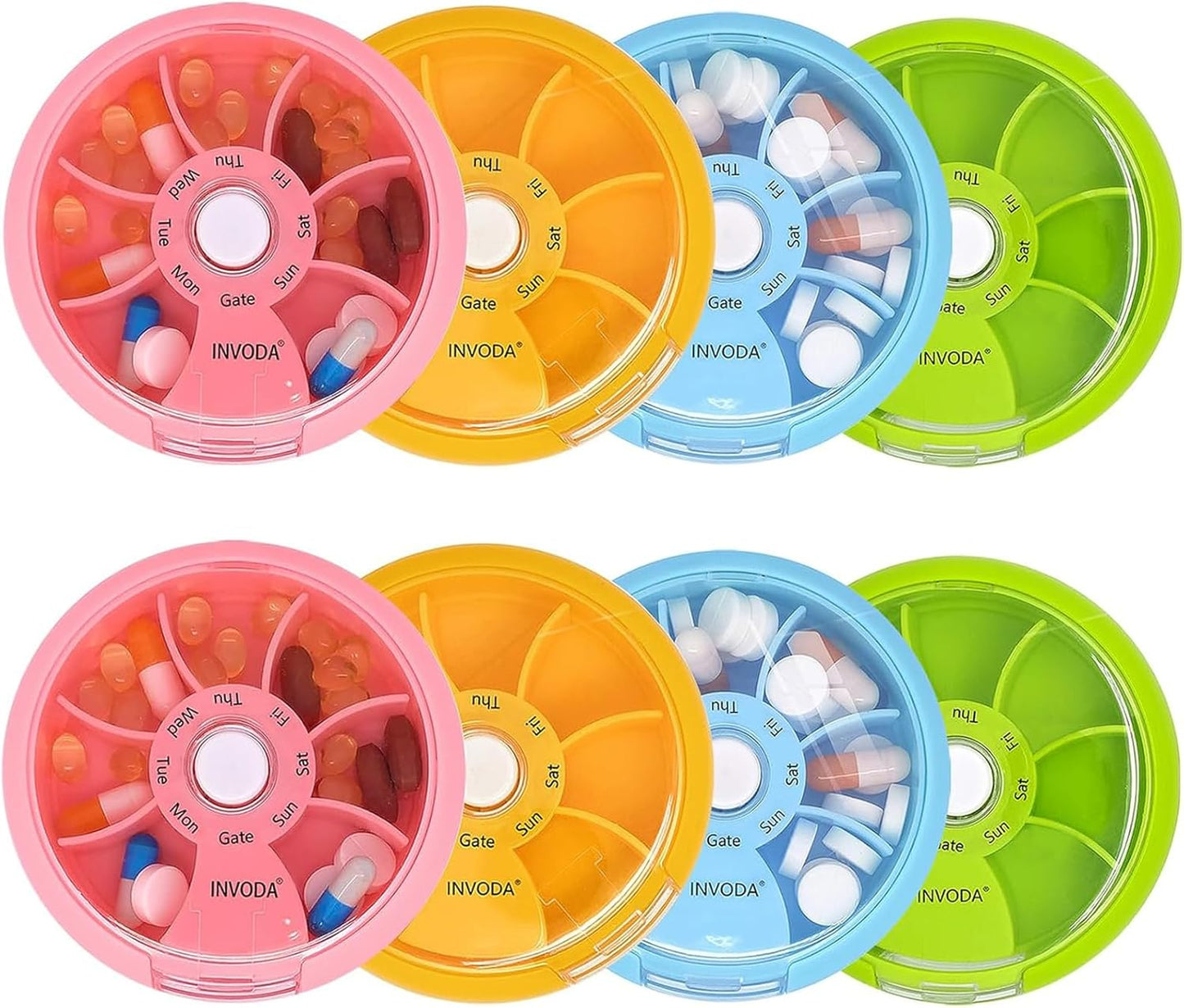 8PCS INVODA Weekly Pill Organizer 7 Compartment Rotating Pill Box for Daily Medication & Vitamins - Portable Travel Pill Case Fish Oil Supplements Vitamins Organizer