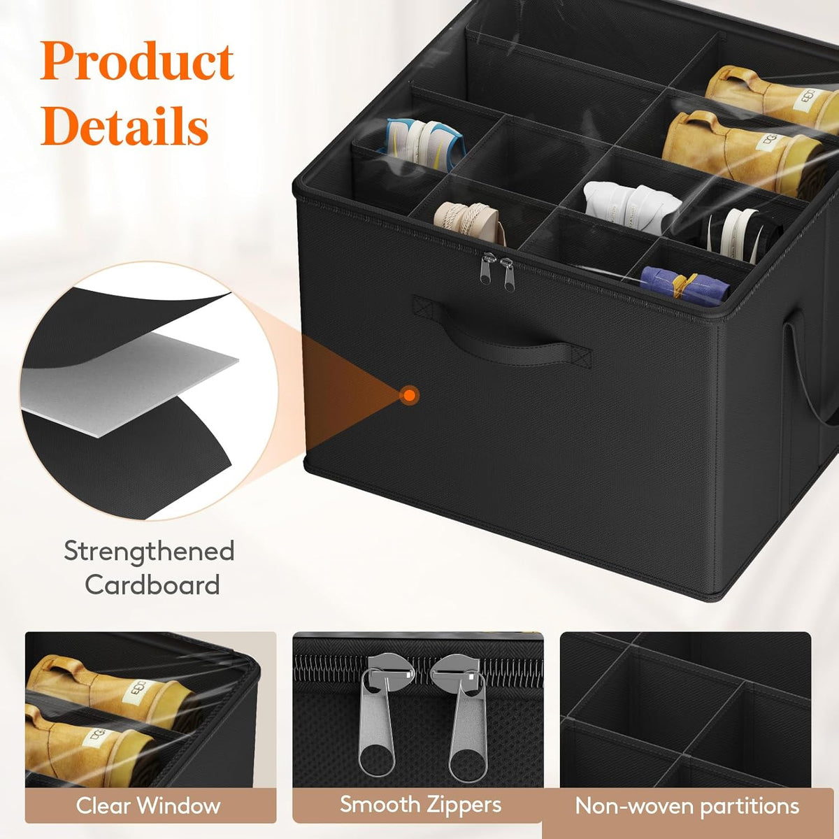 Lifewit Shoe Storage Organizer for Closet, Fits 12-16 Pairs, Large Shoe Box Storage Containers with Clear Cover and Reinforced Handles, Foldable Storage Bins Fit for Boots Heels Sneakers, 3 Pack Black