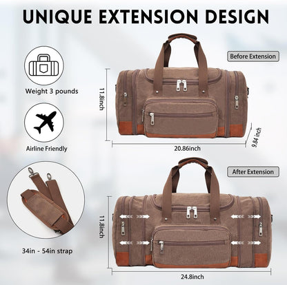 Men'S Duffle Bag For Travel, Expandable Canvas Duffel Bags Overnight Weekend Gym Carry On Luggage Bag For Men(Coffee)