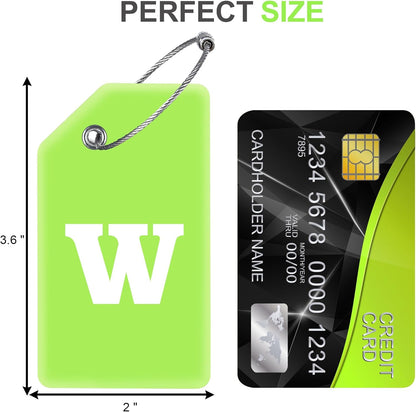 8 Pcs Luggage Tags for Suitcases, 26 Initial Letter Travel Luggage Baggage Identification Labels ID Tags Fully Bendable Tags with Stainless Steel Loop (Letter W, Green)