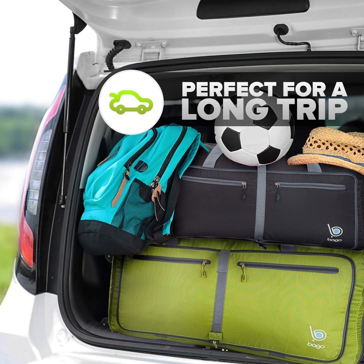 Bago Large Foldable Duffel Bags for Traveling Women & Men - 80L Packable Duffle Bag for Travel with Shoe Compartment - Water Repellant, Heavy Duty, Lightweight Folding & Collapsible (Green)