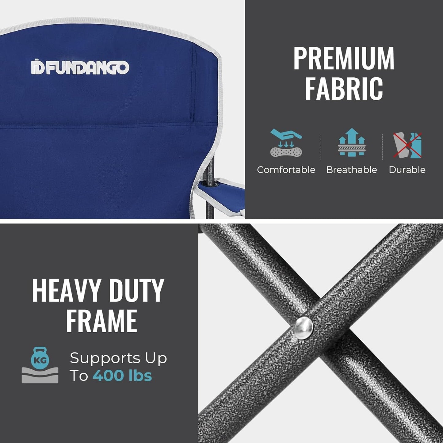 FUNDANGO Folding Camping Chair with Table, 2 Pack Portable Heavy Duty Outdoor Padded Chairs for Adults with Cup Holders for Lawn Beach Picnic Outside Travel (Blue)