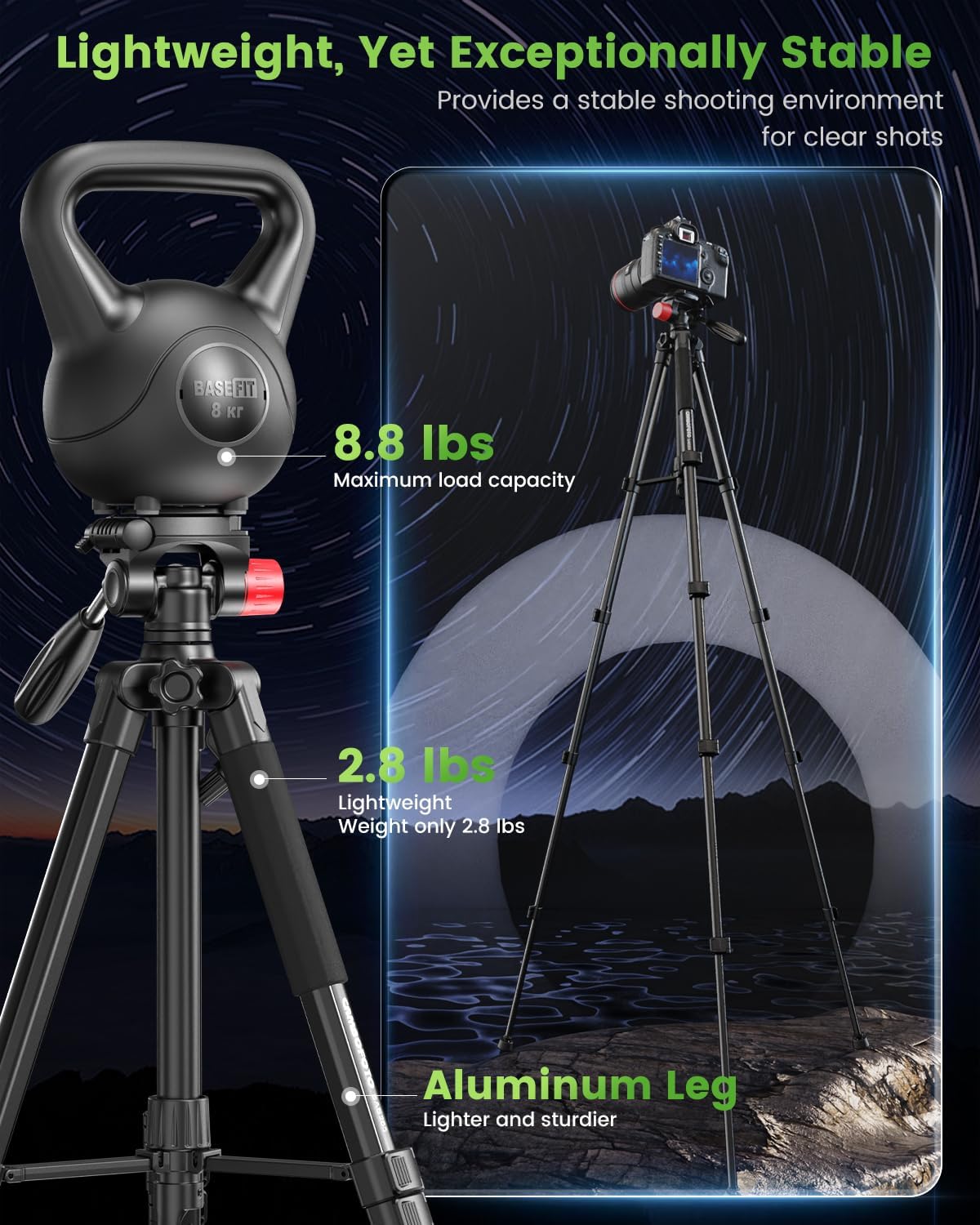 74"-Camera-Tripod, Porfessional Aluminum Heavy Duty Tripod Stand for Mirrorless Camera/DSLR/Cell Phone/Camcorder, with Holder and Travel Bag