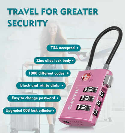 ANVIL TSA Approved Luggage Locks – High Security TSA008 Combination Travel Locks with Inspection Indicator for Suitcases and Backpacks. (3, Rose Purple)