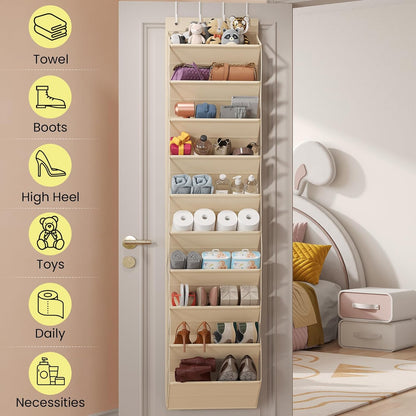Over the Door Shoe Organizer for Closet, Shoes Rack with 10 Tier PVC Window Deep Pockets, Hanging Shoe Organizers for Boot Storage, Behind the Door Narrow Shoe Holder for Small Shoes, Beige