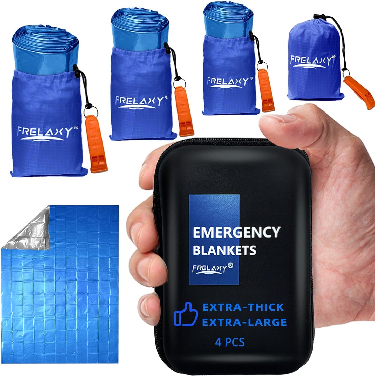 Frelaxy Emergency Blanket 2-Pack/4-Pack, Extra-Thick Extra-Large Space Blankets with Whistles, Storage Pouchs, and EVA case