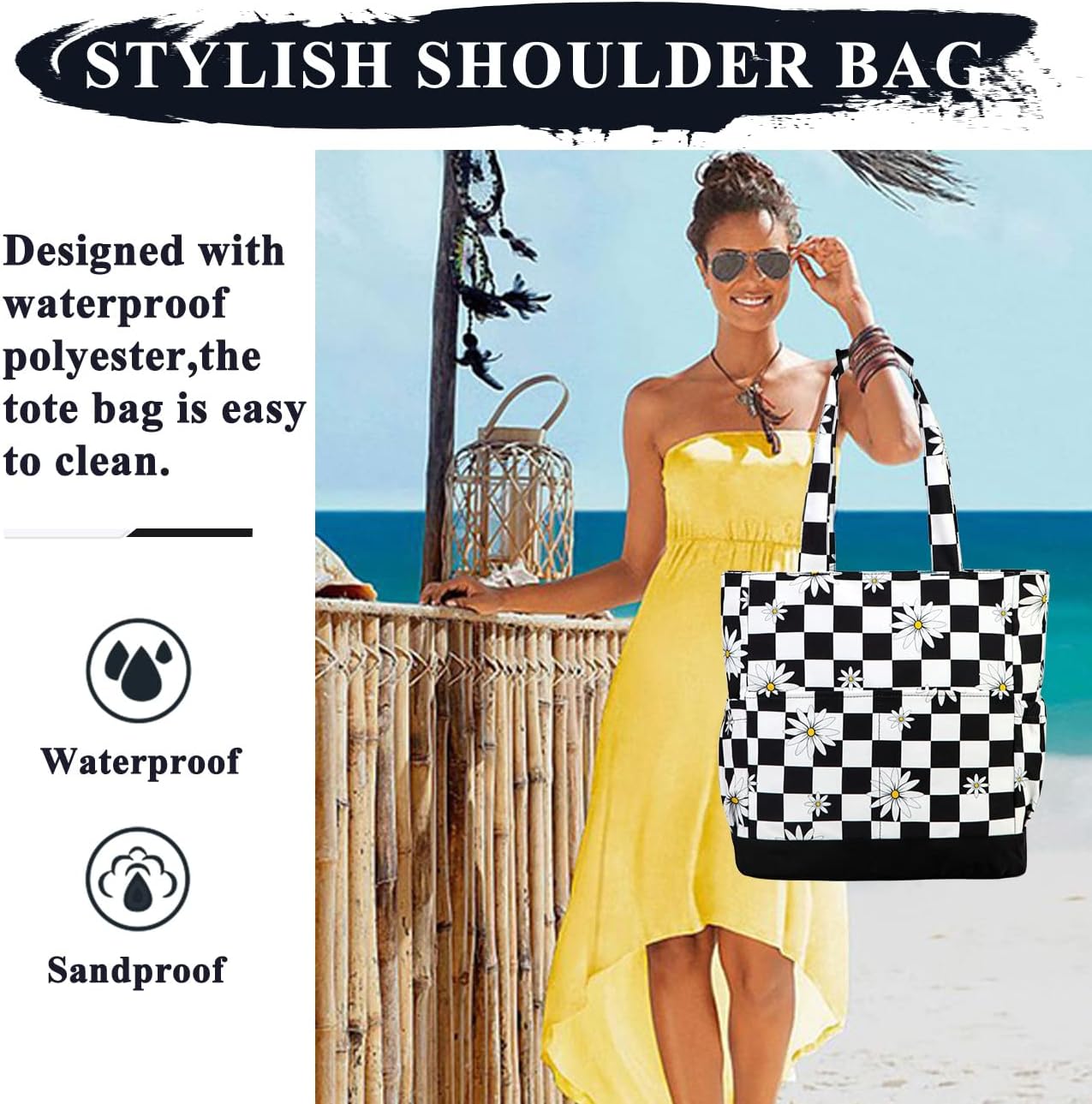 VASCHY Beach Bag for Women, Large Waterproof Sandproof Fold-able Packable Pool Tote Bag w Zipper/Pockets