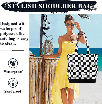 VASCHY Beach Bag for Women, Large Waterproof Sandproof Fold-able Packable Pool Tote Bag w Zipper/Pockets