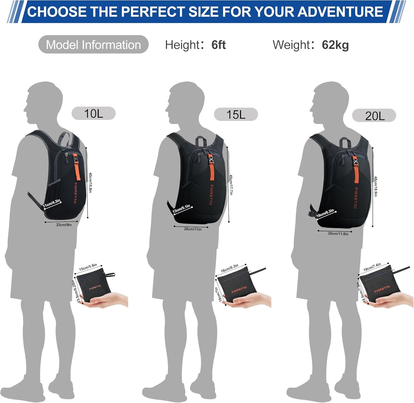 FIORETTO 15L Hiking Backpack for Women Men Mini Packable Backpack Lightweight Small Daypack for Camping Travel Outdoor, Black