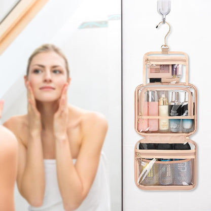 CUBETASTIC Clear Toiletry Bag for Women, Small Travel Bag with 360° Hanging Hook Clear Makeup Bags for Travelling Portable Cosmetic Organizer Case Skincare Pouch