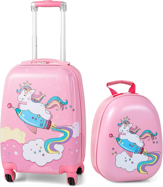 HONEY JOY Kids Luggage, 12" Toddler Backpack & 18" Travel Suitcase with Wheels, Lightweight Toddler Girls Suitcase, Durable ABS Hardshell, 2Pcs Carry On Luggage Set for Boys Girls