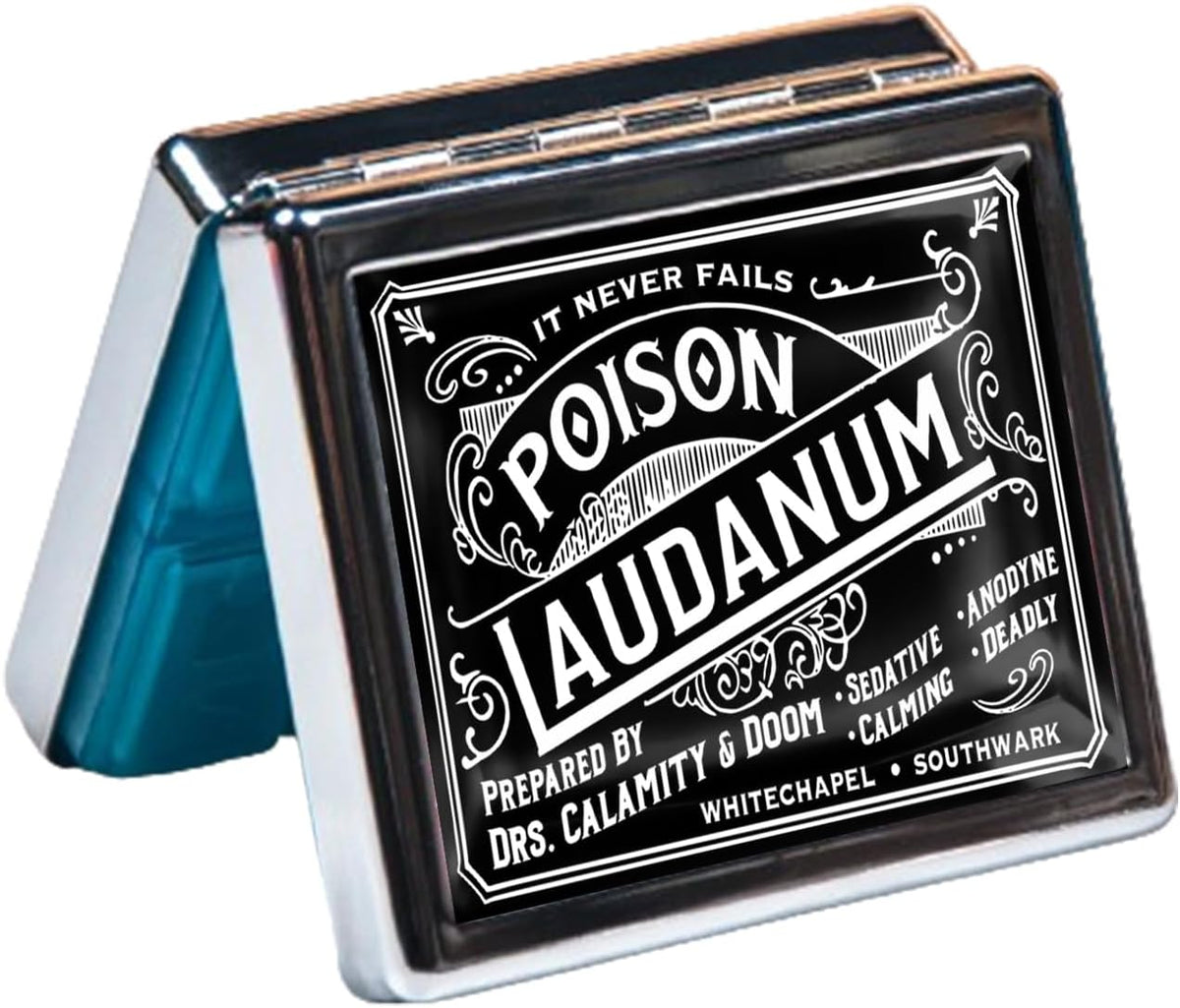 Silver Vintage Pill Box 7 Day Metal Pill Box with Mirror and 8 Compartments Cute Travel Pill Organizer for Purse (Vintage Halloween Label)