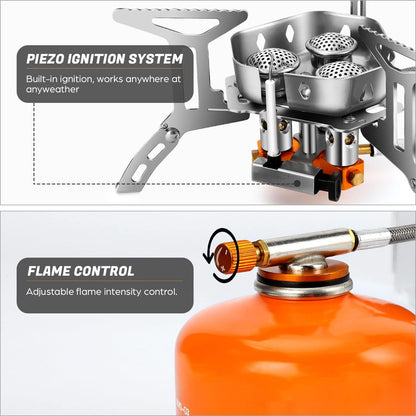 Odoland 3500W/6800W Windproof Camp Stove Camping Gas Stove with Windscreen, Fuel Canister Adapter, Piezo Ignition for Outdoor Backpacking Hiking and Picnic