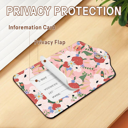 2 Pack Floral Luggage Tag for Suitcase, Pink Luggage Tags PU Leather Suitcase Tags Identifiers Stainless Steel Loop ID Bag Tags Card Baggage Bag Label