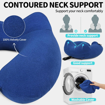 2 Pack Inflatable Travel Neck Pillows for Airplanes, Head Support Velvet Adult Neck Pillows for Long Flight, Kit with Eye Mask, Earplugs and Storage Bag, 2, Navy Blue