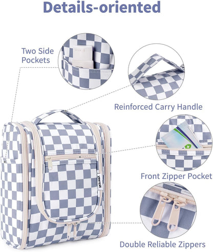 Narwey Small Checkered Hanging Travel Toiletry Bag for Women, Travel Bag for Toiletries, Makeup Bag Organizer Cosmetic Bags Make Up Bags for Women (Grayish Blue Checkerboard)
