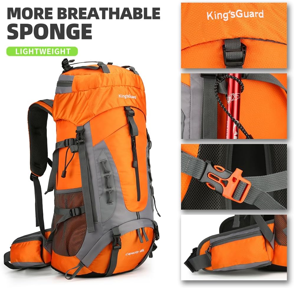 King'sGuard 60L Hiking Backpack Large Waterproof Camping Backpack for Men and Women Lightweight Frameless Backpacking Backpack with Rain Cover (Orange)