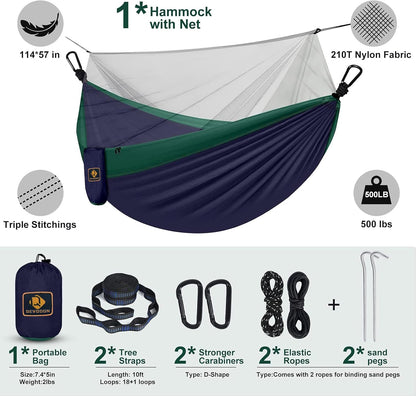 Camping Hammock with Net,Travel Portable Lightweight Hammocks with Tree Straps and Solid D-Shape Carabiners,Parachute Nylon Hammock for Outsides Backpacking Beach Backyard Patio Hiking