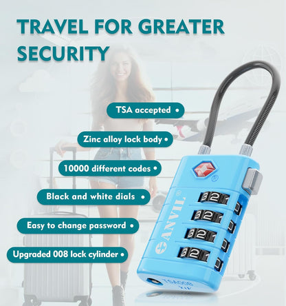 ANVIL 4 Digit Luggage Locks, TSA Locks for Luggage, Advanced TSA008 core, Alert Indicator for Your Travel Lock, Suitcase Lock. (2, Blue)