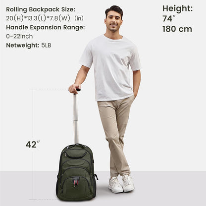 Boavan Rolling Backpack,17 inch Water Resistant Wheeled Backpack,Carry on Luggage Business Bag, Overnight College Computer bag Trolley Suitcase for Men Women Adults to Travel，Green