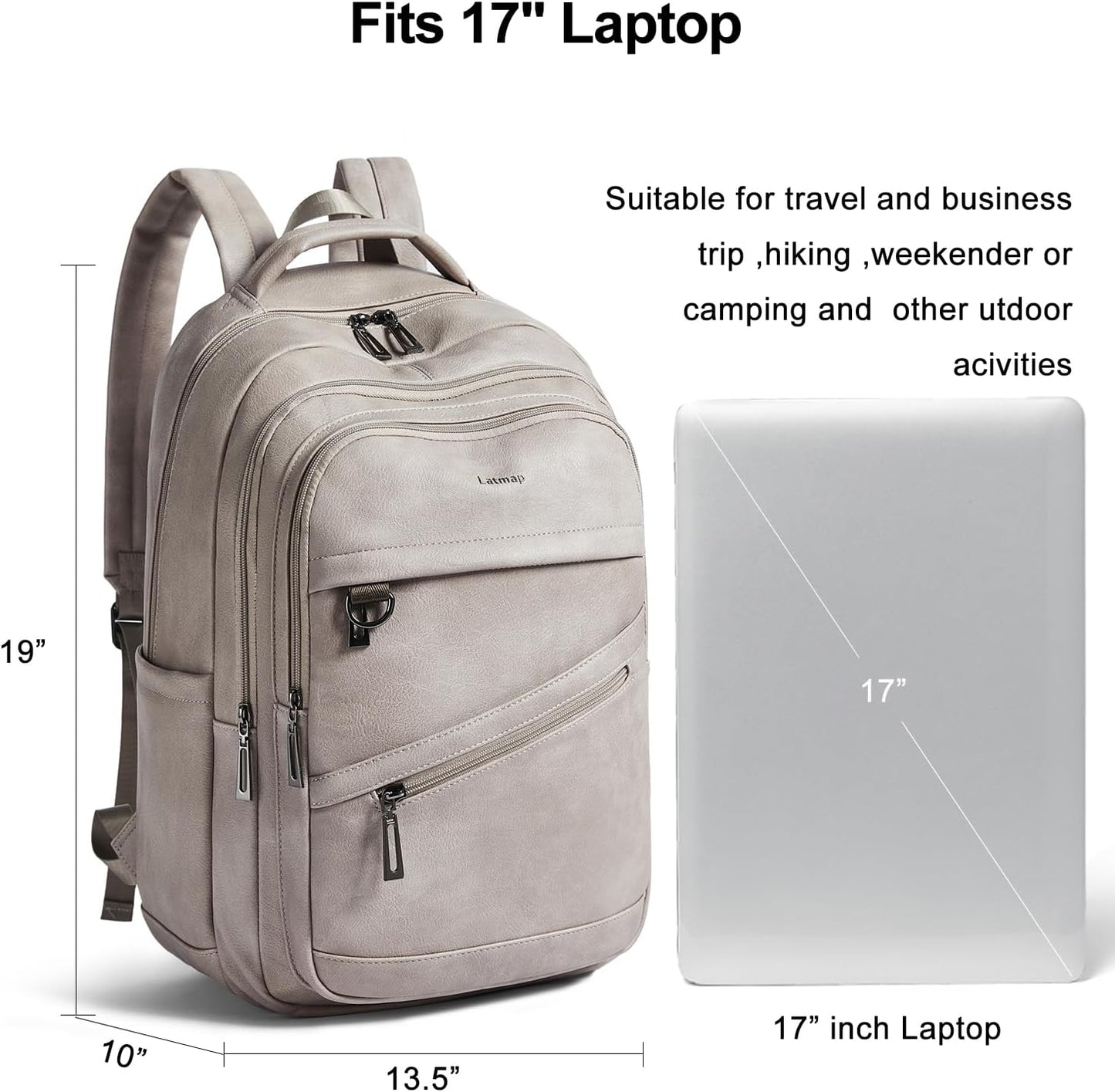 43L Backpack for Women Men - Vegan Leather Backpack Purse Travel Carry-on Bag College Bookbag Work fits 17" Laptop,Ash Gray Retro