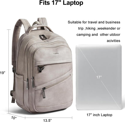 43L Backpack for Women Men - Vegan Leather Backpack Purse Travel Carry-on Bag College Bookbag Work fits 17" Laptop,Ash Gray Retro