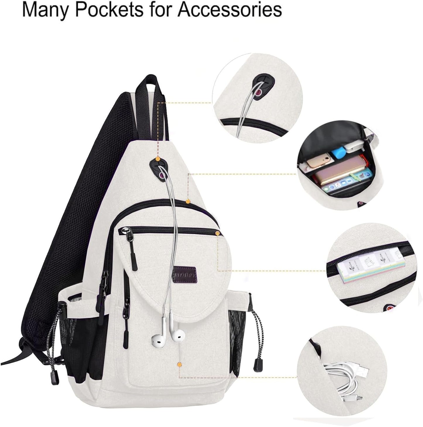 MOSISO Sling Backpack,Canvas Crossbody Hiking Daypack Bag with Anti-theft Pocket, Pearl White