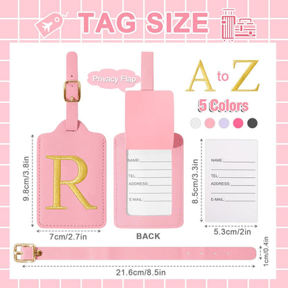 Personalized Initial Luggage Tags for Suitcase, Pink Leather Cute Luggage Tags with Privacy Cover Name Card, Embroidered Custom Monogrammed Luggage Tag Travel Bag Baggage Tags Gifts for Women Kids(R)