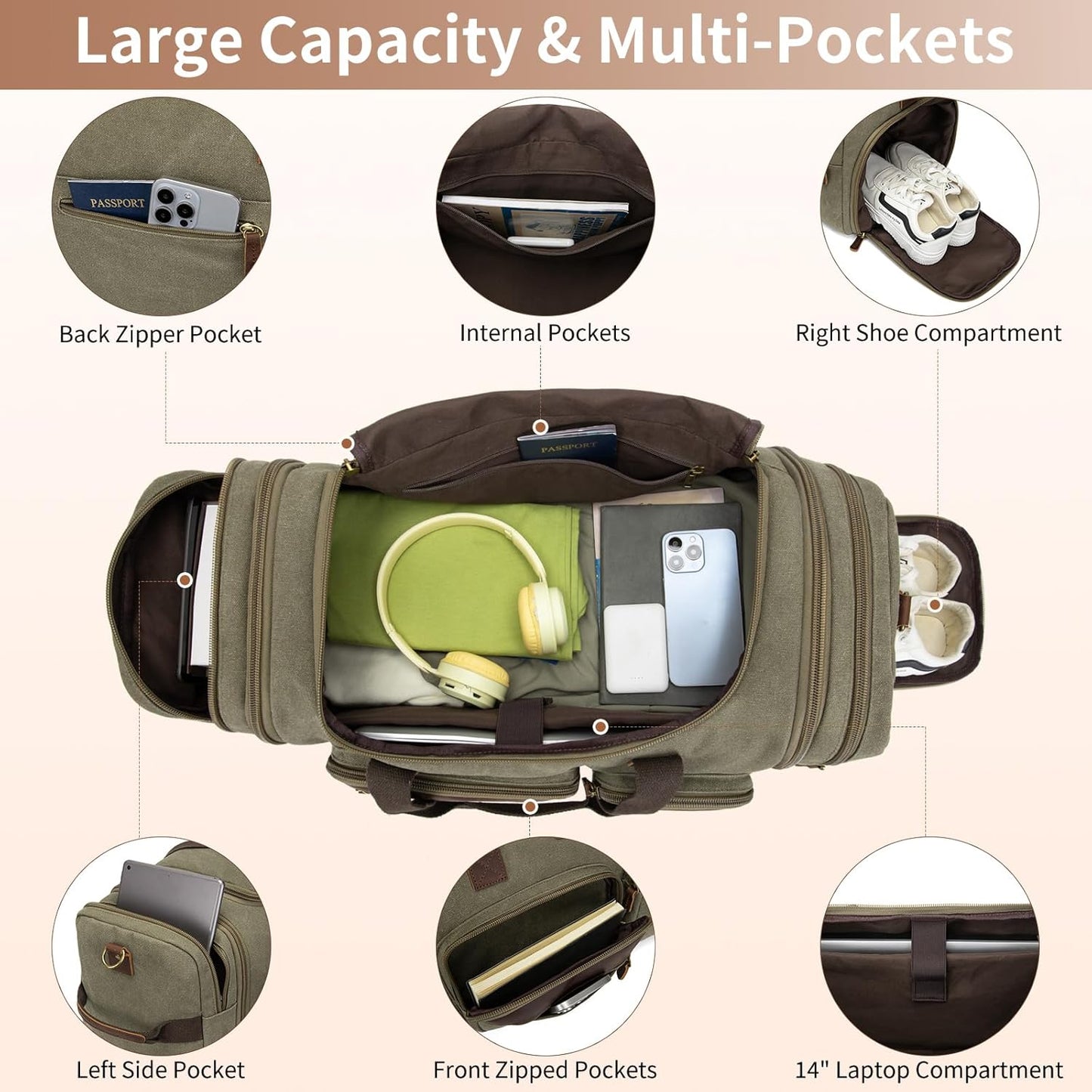 Mens Duffle Bag for Travel 60L Expandable Canvas Weekender Overnight Travel Duffel Bag with Shoe Compartment Carry-On for Airplanes Army Green