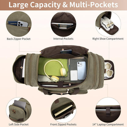 Mens Duffle Bag for Travel 60L Expandable Canvas Weekender Overnight Travel Duffel Bag with Shoe Compartment Carry-On for Airplanes Army Green