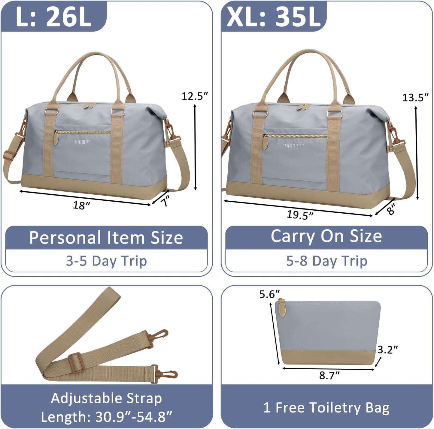 Travel Duffle Bag for Women, Weekender Bags,Hospital Bag for Labor Delivery,Lightweight Tote Duffel Overnight Bag with Luggage Sleeve,Airplane Travel Bags with Toiletry Bag,Large,Light Blue