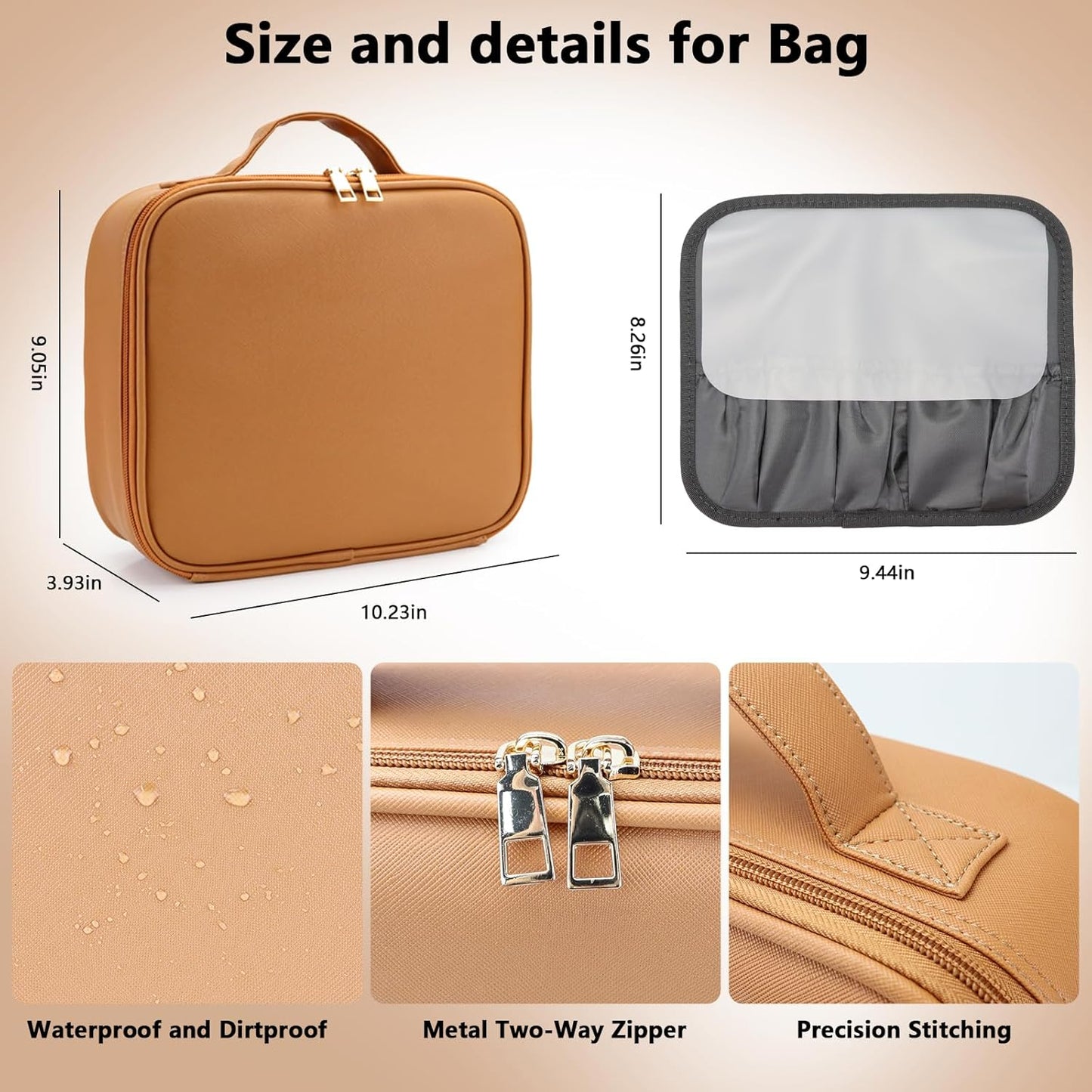 Travel Makeup Bag with LED Mirror Travel Makeup Organizer with 3 Lighted Settings, Adjustable Dividers and Makeup Brush Storage Bag Orange-Brown