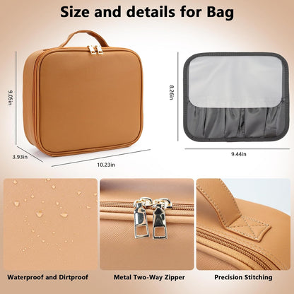 Travel Makeup Bag with LED Mirror Travel Makeup Organizer with 3 Lighted Settings, Adjustable Dividers and Makeup Brush Storage Bag Orange-Brown