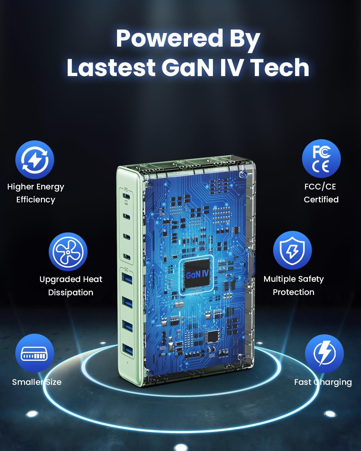 200W USB C Charger Block,GaN IV Charging Station 8 Ports,QC4.0 Fast Charging Station Hub+PD 65W USB C Laptop Charger Adapter Compatible with MacBook Air/Pro,DELL,iPhone 16/15,iPad,Steam Deck-Green