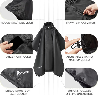 PTEROMY Hooded Rain Poncho for Adult with Pocket, Waterproof Lightweight Unisex Raincoat for Hiking Camping Emergency