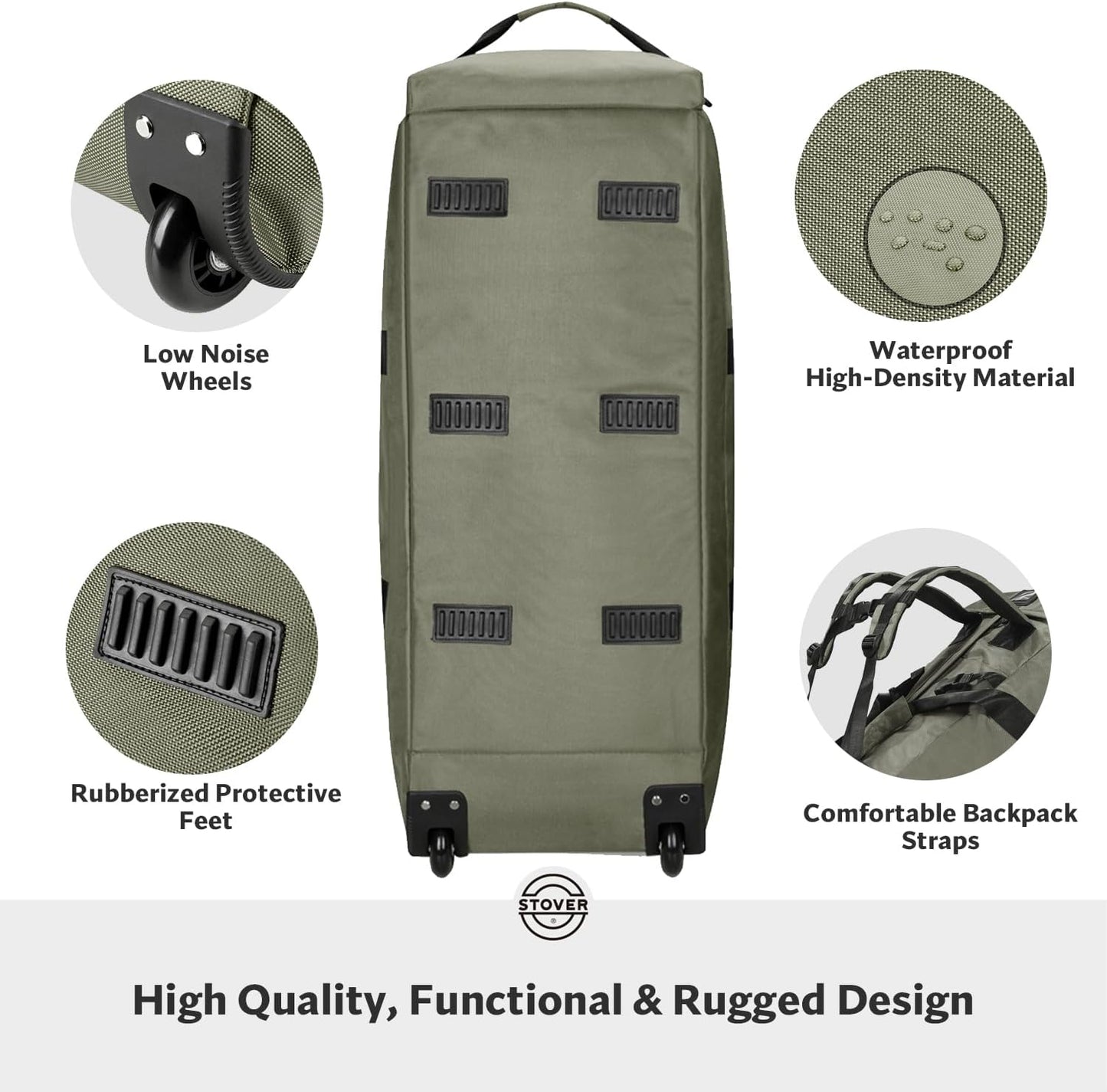 STOVER 80L Rolling Duffel Bag with Wheels, Large 31 Inch Durable Travel Duffle + Toiletry Bag, Heavy Duty, Packable, Foldable w/Shoulder Straps- Use as Luggage or Backpack, Men/Women (Green)