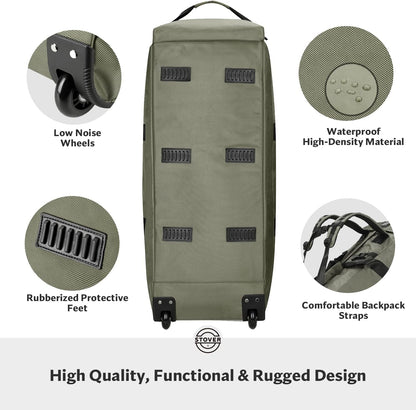 STOVER 80L Rolling Duffel Bag with Wheels, Large 31 Inch Durable Travel Duffle + Toiletry Bag, Heavy Duty, Packable, Foldable w/Shoulder Straps- Use as Luggage or Backpack, Men/Women (Green)
