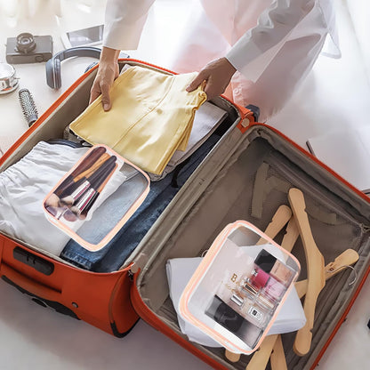 3Pcs Crystal Clear PVC Travel Toiletry Bag Kit for Women Men, Waterproof Vinyl Packing Organizer Storage Bags with Zipper Handle Straps, Cosmetic Pouch Carry on Airport Airline Compliant Bag Handbag