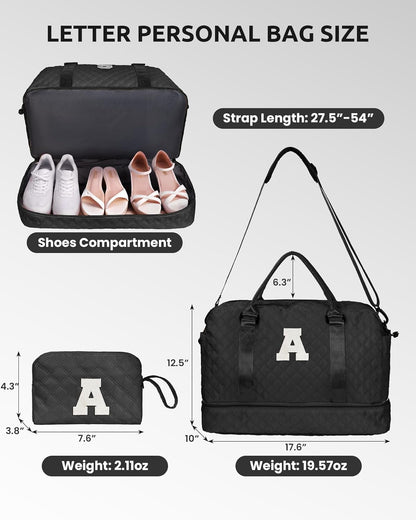 Initial Duffle Bag with Shoe Compartment, Personalized Weekender Bag with Shoulder Strap, Overnight Bag for Women with Trolley Sleeve & Wet Pocket, Travel Bag with Makeup Bag (Letter E)