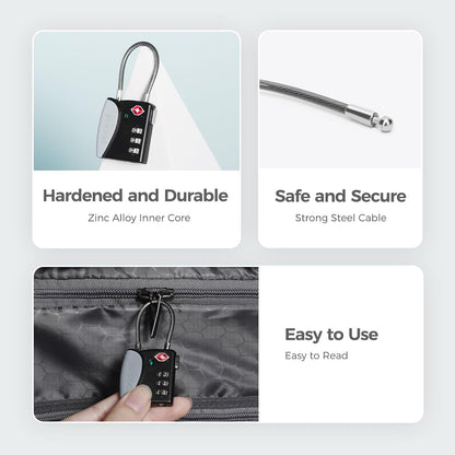 pack all TSA Approved Cable Luggage Locks, 3 Digit Combination Padlocks, Travel Lock for Suitcases & Bag, Alloy Body, Travel Accessories (4 Pack)（Grey）