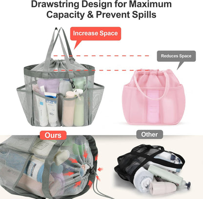 F-color Mesh Shower Caddy Portable with Drawstring - Upgrade Deeper 7 Pockets Dorm Room Essentials for Guys Girls with S Hook, Shower Bag Basket Tote for College Camping Toiletry Bathroom, Grey