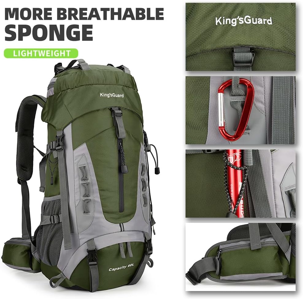 King'sGuard 60L Hiking Backpack Large Waterproof Camping Backpack for Men and Women Lightweight Frameless Backpacking Backpack with Rain Cover (Army Green)