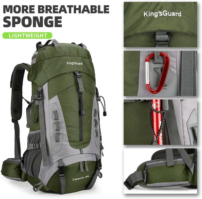 King'sGuard 60L Hiking Backpack Large Waterproof Camping Backpack for Men and Women Lightweight Frameless Backpacking Backpack with Rain Cover (Army Green)