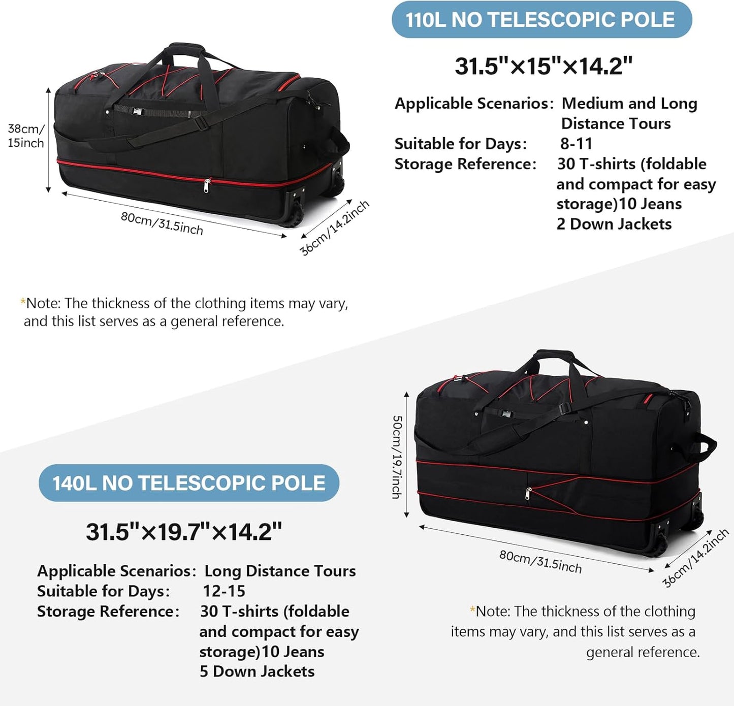 Rolling Duffle Bag with Wheels,110L/140L Expandable Soft-Sided Foldable Duffle Bag with 2 Rubber Wheels,Packable 32” Rolling Carry-On with Multi-Pockets & Compartments (Black Red)