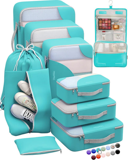 ALL INCLUDED 10 Set Durable Packing Cubes for Suitcases,OlarHike Essentials for Travel, UPGRADED Anti-Tear Stitching, NEW Improved Luggage Packing Organizers for Travel Accessories (Turquoise)
