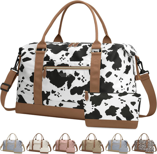 Travel Duffle Bag for Women, Weekender Bags, Hospital Bag for Labor Delivery, Lightweight Tote Duffel Overnight Bag with Luggage Sleeve, Airplane Travel Bags with Toiletry Bag, X-Large, Cow