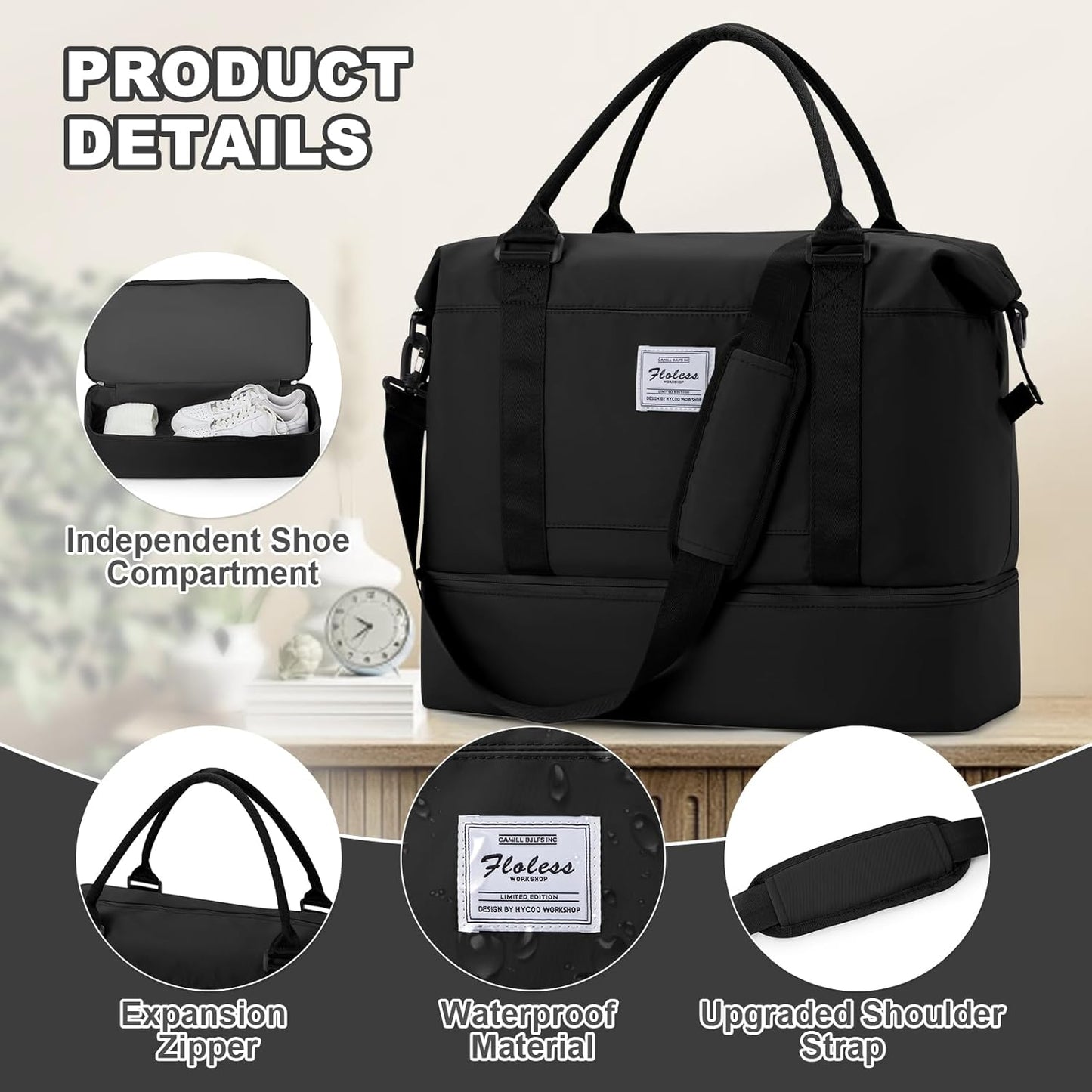 Travel Duffel Bag, Sports Tote Gym Bag, Shoulder Weekender Overnight Bag for Women