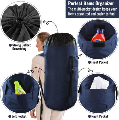 Laundry Bag Backpack, 125L Extra Large Travel Laundry Bags with Shoulder Straps, Adjustable & Extendable Design, Laundry Hamper Bag with 3 Pockets for Laundromat, College, Travel, Camping