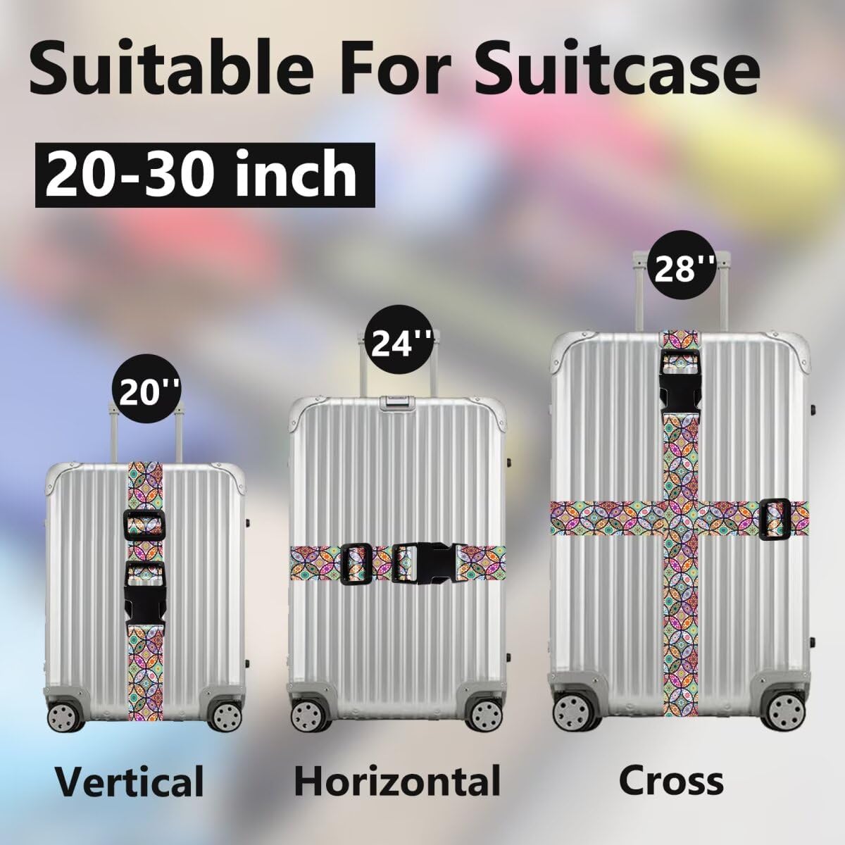 2 Pack Luggage Straps for Suitcases Adjustable Luggage Belt TSA Approved, Bright Colors Travel Packing Straps with Quick Release Buckle Unique Nylon for Sleeping Bag Car Seat, Bohemia